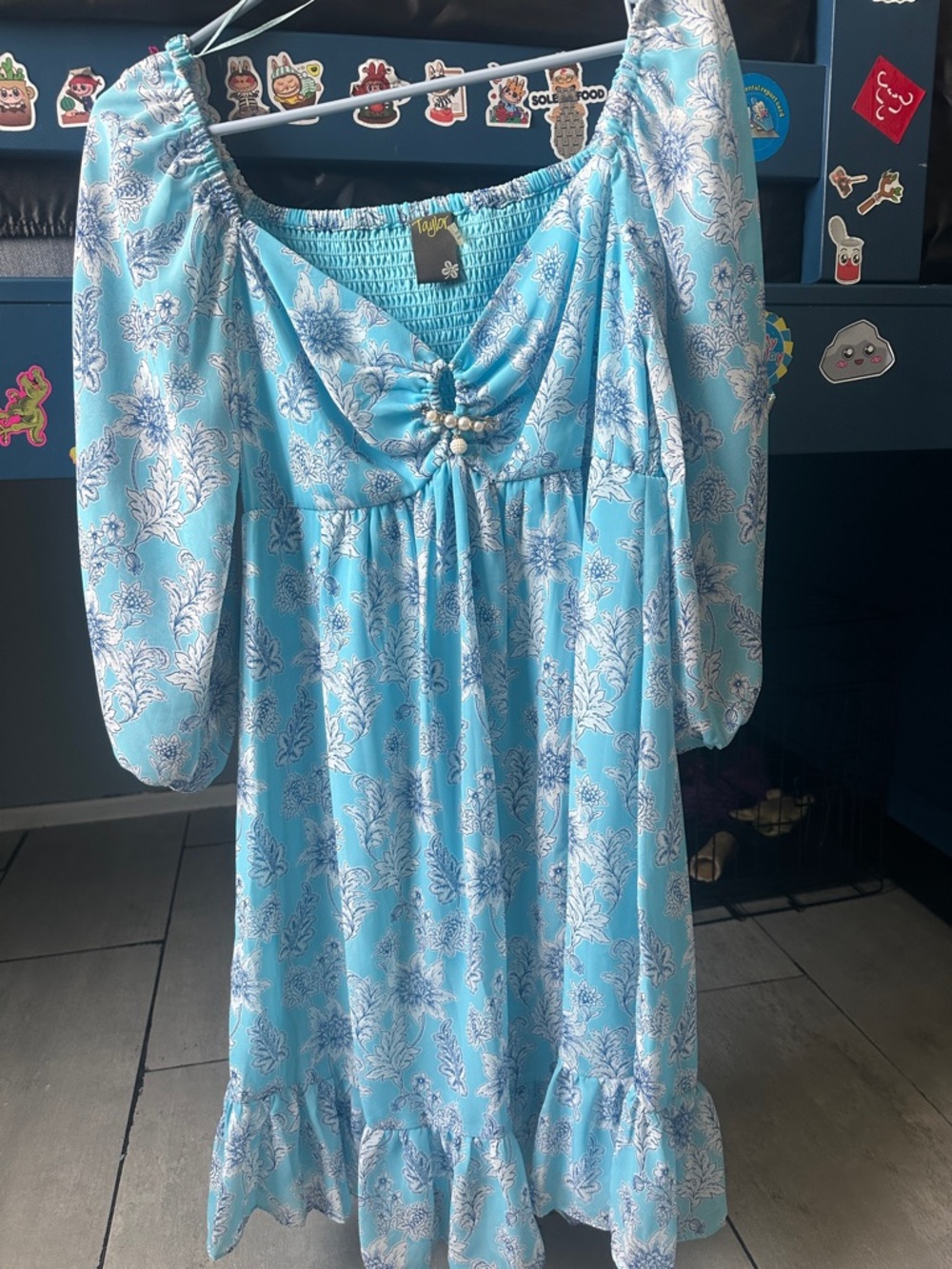Taylor Light Blue Floral Midi Dress with Puff Sleeves